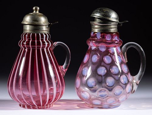 ASSORTED OPALESCENT GLASS SYRUP PITCHERS, LOT OF TWO,
