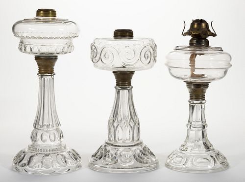 ASSORTED GLASS KEROSENE BANQUET LAMPS, LOT OF THREE,