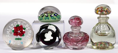 ASSORTED GLASS PAPERWEIGHT ARTICLES, LOT OF FIVE,