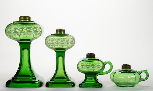 ASSORTED PRESSED GLASS KEROSENE LAMPS, LOT OF FOUR,