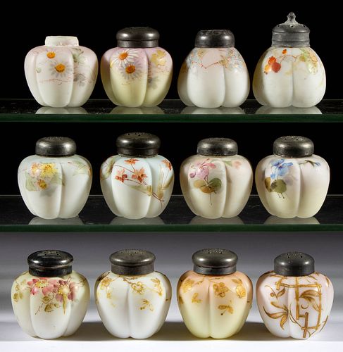 MT. WASHINGON ENAMEL-DECORATED LOBED SALT AND PEPPER SHAKERS, LOT OF 12,