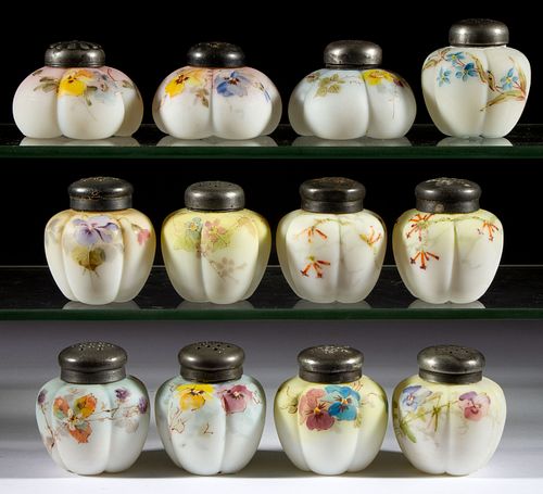 MT. WASHINGTON ENAMEL-DECORATED LOBED SALT AND PEPPER SHAKERS, LOT OF 12,
