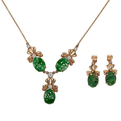 Vintage Jade and Diamond Lotus Flower Earrings and Drop Pendant in 14 Karat Yellow Gold