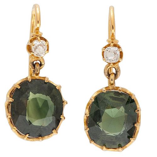 Victorian Green Sapphire and Diamond Earrings in 18 Karat Yellow Gold