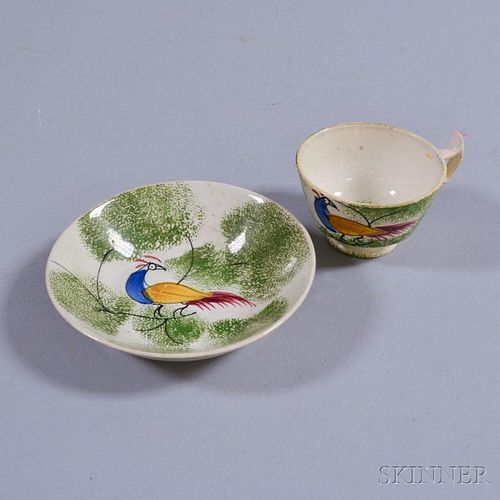 Small Green Peafowl-decorated Spatterware Cup and Saucer