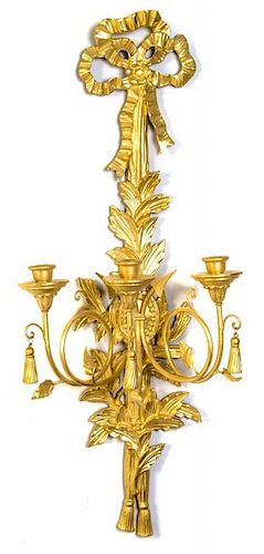 * A Pair of Italian Giltwood Three-Light Sconces, Height 35 1/4 inches.
