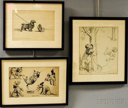 Three Framed Morgan Dennis Pen and Ink Sketches of Dogs