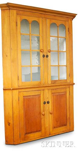 Two-part Glazed Pine Corner Cupboard