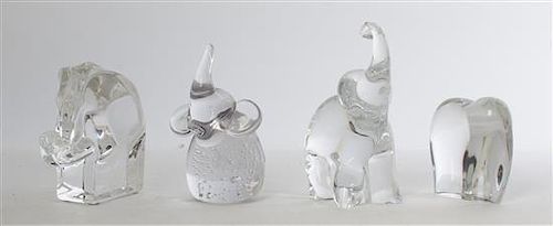 Four Glass Elephant-Form Paperweights, Height of first 4 3/4 inches.
