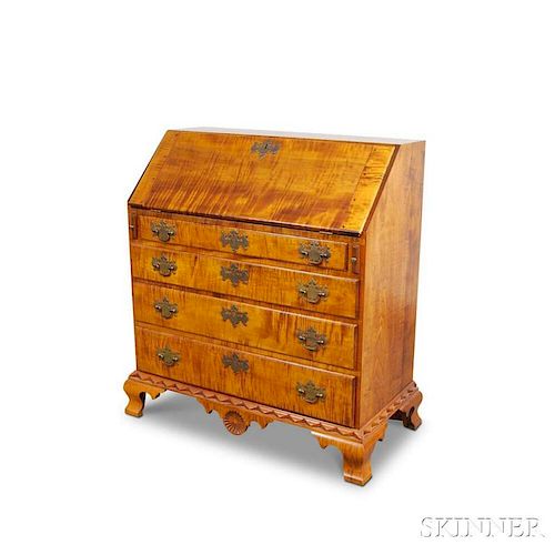Carved Tiger Maple Slant-lid Desk in the Dunlap Style