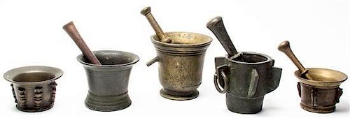 * Five Bronze Mortar and Pestle Sets, 16TH CENTURY AND LATER, Height of tallest 5 1/2 inches.