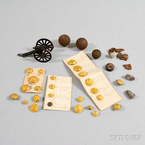 Small Group of Military Buttons, Grapeshot, and a Toy Cannon