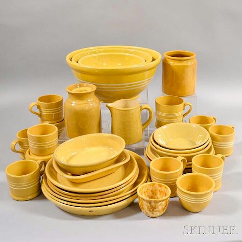 Large Group of Yellowware Pottery Tableware Items