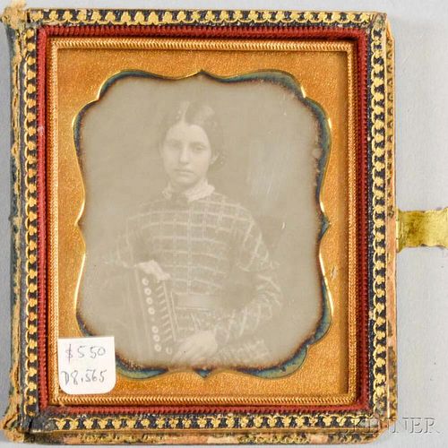 Cased Sixth-plate Daguerreotype of a Girl with a Concertina.