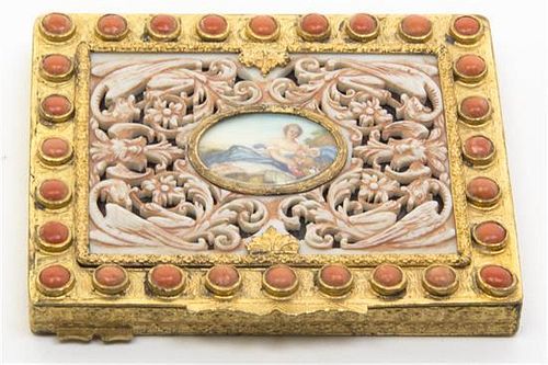 An Italian Gilt Metal and Jeweled Compact, Width 3 1/2 inches.