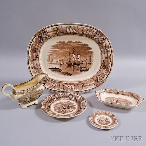 Five Brown Transfer-decorated Historical Staffordshire "American Marine" Table Items
