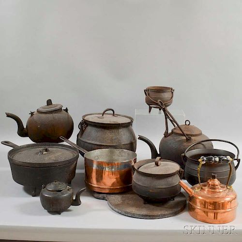 Ten Cast Iron and Copper Pots and Kettles.