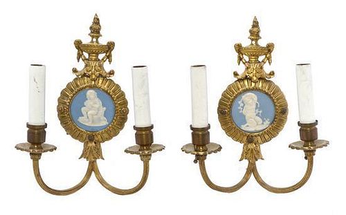 A Pair of Jasperware Mounted Gilt Bronze Two-Light Sconces, Height 11 inches.