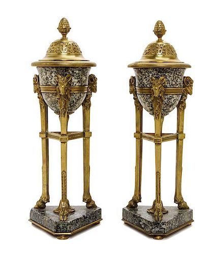 A Pair of Neoclassical Gilt Bronze and Marble Cassolettes, Height 11 3/4 inches.
