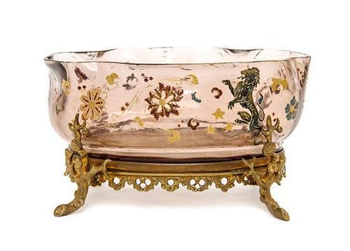 A Continental Enameled Glass and Gilt Bronze Centerpiece Bowl, Height overall 5 x width 8 3/4 inches.