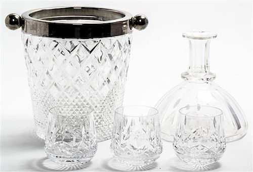 A Group of Cut and Etched Glass Barware, Height of ice bucket 8 1/4 inches.