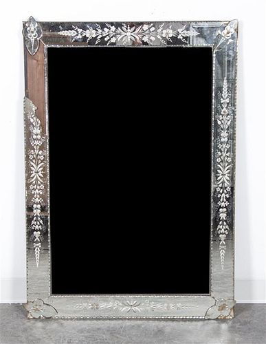 A Venetian Etched Glass Mirror, Height 44 x width 31 inches.