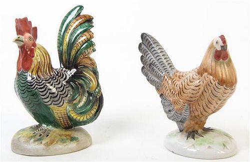 Two Continental Porcelain Models of Roosters, Height of taller 8 inches.