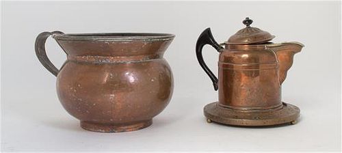 Two Copper Articles, Height of pitcher 6 1/2 x diameter 8 3/4 inches.