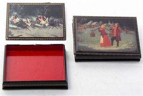* Two Russian Lacquered Boxes, Width of wider 6 3/4 inches.