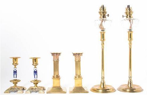 * Two Pairs of English Brass Candlesticks, Height of tallest overall 24 inches.