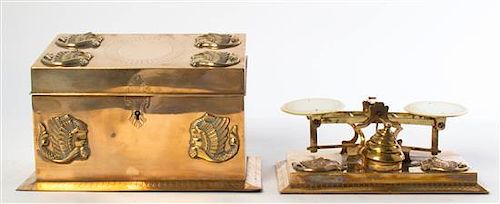 * A Victorian Brass Stationary Box and Postage Scale, Width of box 9 3/4 inches.