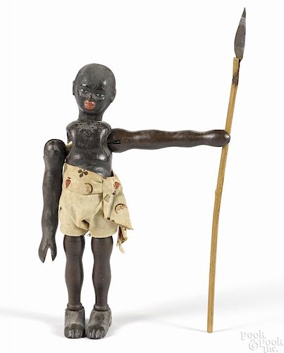 Schoenhut painted wood African native with a two-part head and a spear, 8'' h.