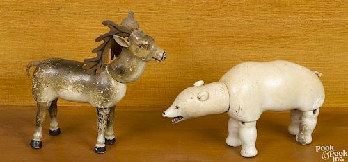 Two Schoenhut painted wood animals with painted eyes, to include a polar bear, 8'' l.