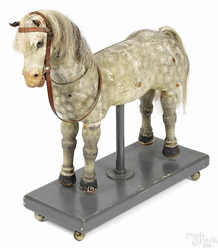 Rare large Schoenhut dapple white painted wood Pony Blitz riding horse, 21'' h., 26'' l.