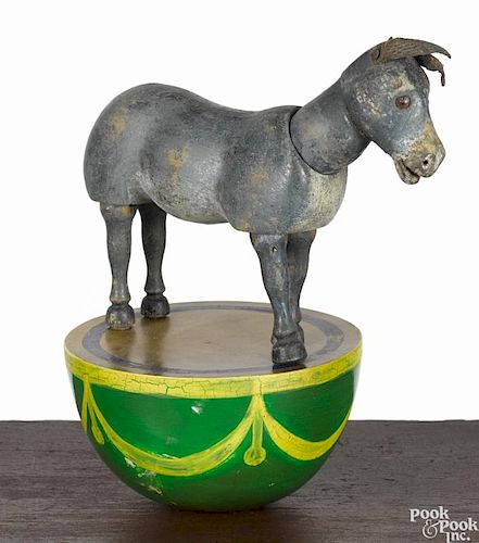 Schoenhut half rolly dolly burro painted wood toy with glass eyes, 7 3/4'' h.