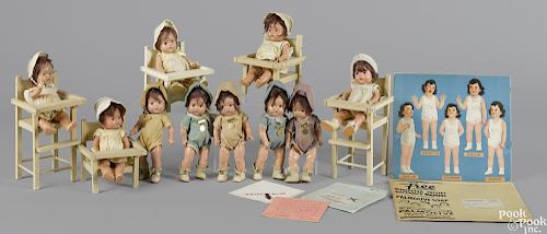 Two sets of five Madame Alexander composition Dionne Quintuplets dolls with painted eyes