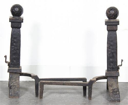 A Pair of Arts and Crafts Style Wrought Iron Andirons, Height 21 inches.