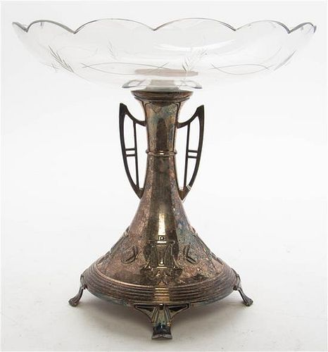 A Jugendstil Silver-Plate and Cut Glass Compote. Height 9 1/4 x diameter of glass 9 1/4 inches.