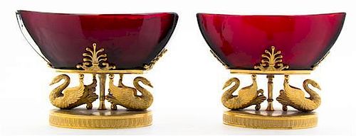 * A Pair of Empire Style Gilt Metal and Ruby Glass Centerpieces, Width 7 1/2 inches.