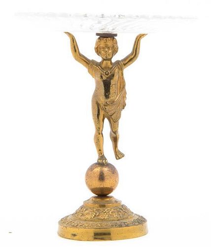 A Gilt Metal and Glass Figural Tazza, Height 7 1/2 inches.