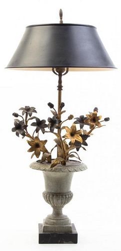 A Continental Iron and Bronze Table Lamp, Height overall 26 1/4 inches.