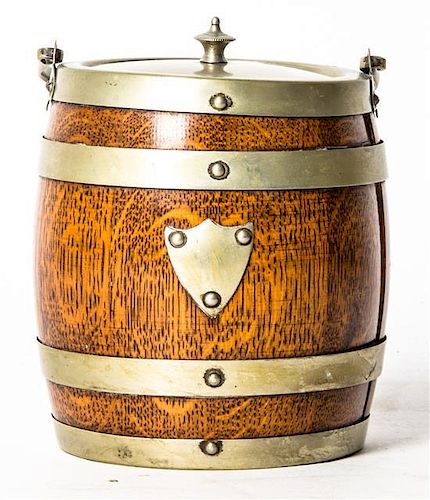 An English Oak Biscuit Barrel, Height 6 1/2 inches.