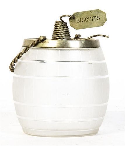 A Frosted Glass Biscuit Barrel, Height 7 1/4 inches.