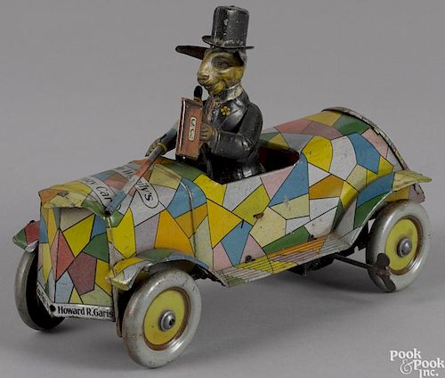 Distler tin lithograph wind-up Uncle Wiggily Crazy Car, Copyright by Howard R. Garis, 9 1/4'' l.
