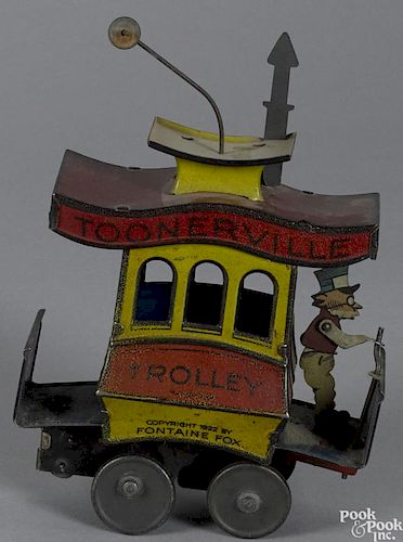 Nifty tin lithograph wind-up Toonerville Trolley, Copyright 1922 by Fontaine Fox, 5'' l.
