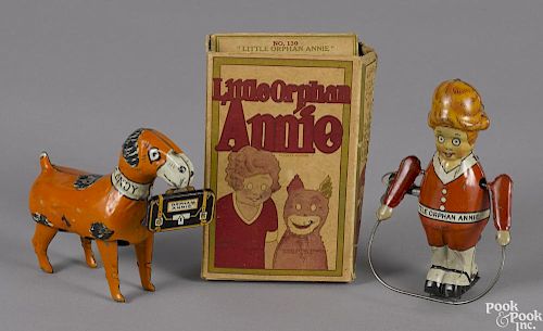 Marx tin lithograph wind-up Little Orphan Annie and Sandy, retaining the original box