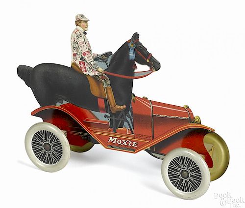 Tin lithograph Moxie advertising horse car, copyright 1916, 8'' l.