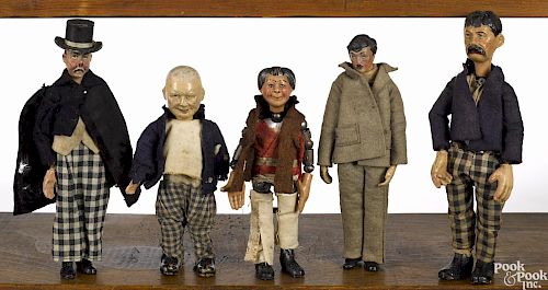 Five Swiss Bucherer metal ball jointed Saba figures, in their original outfits, tallest - 8''.
