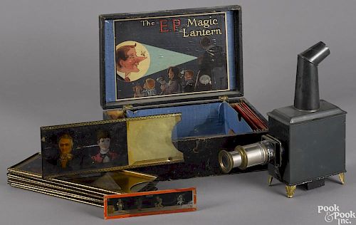 German Earnest Plank Magic Lantern, in its original box, with twelve glass slides