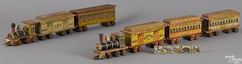 Paper lithograph train engines and cars, probably Bliss, to include two no. 61 engines